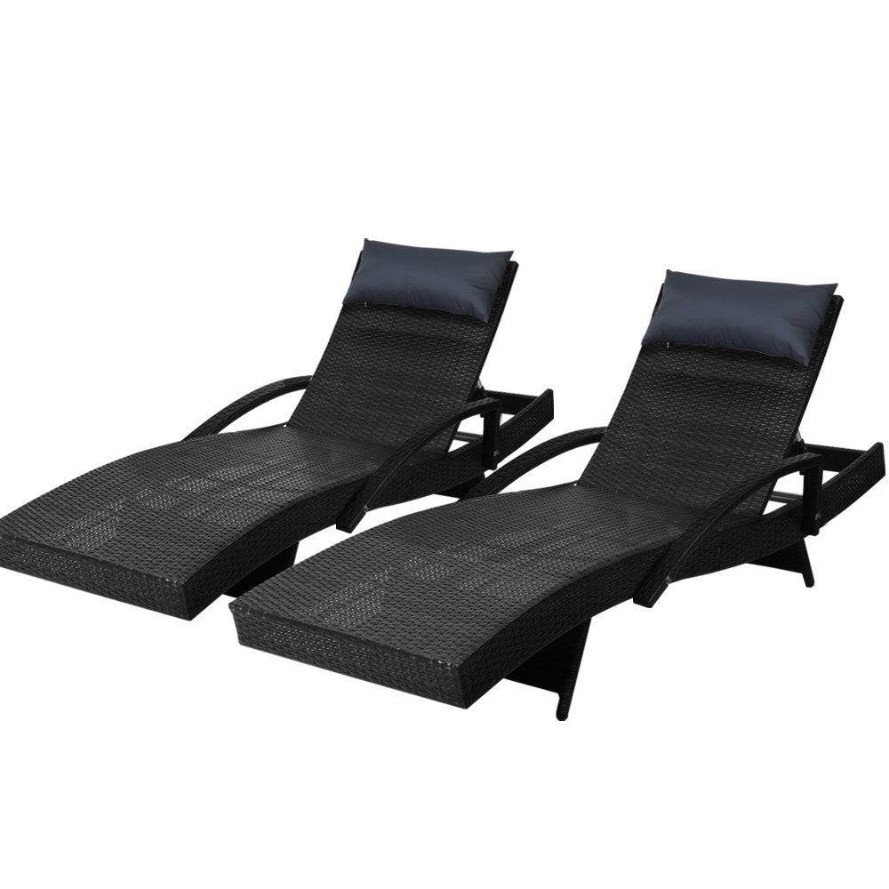 Gardeon Set of 2 Sun Lounge Outdoor Furniture Wicker Lounger Rattan Day Bed Garden Patio Black