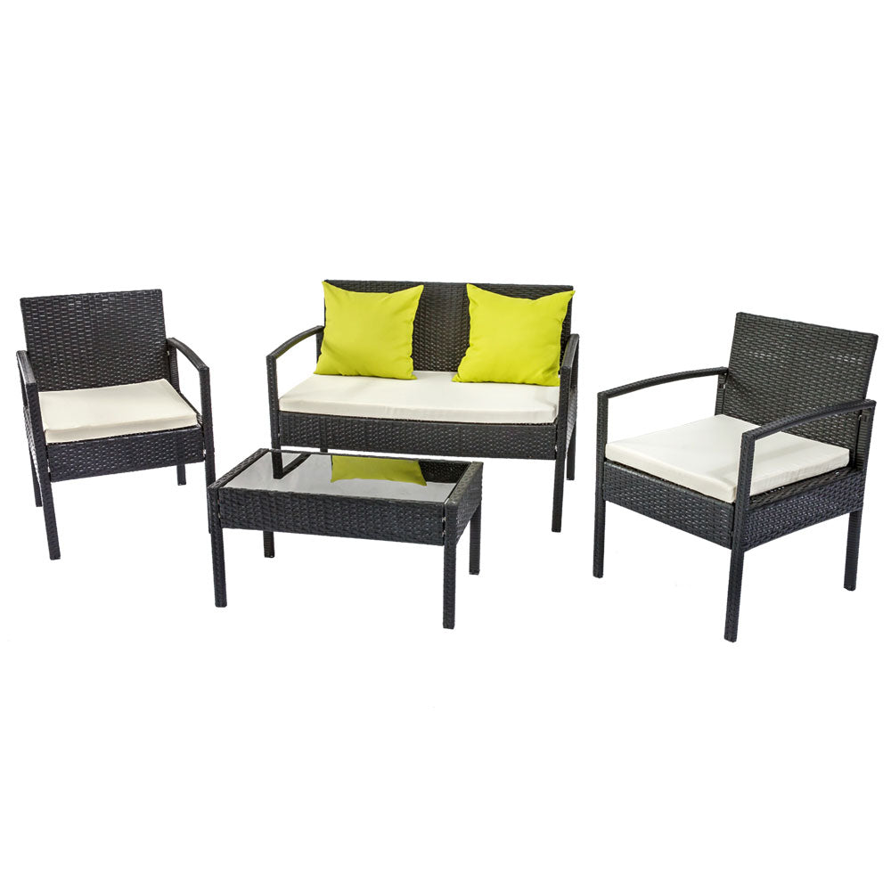 4 Seater Sofa Set Outdoor Furniture Lounge Setting Wicker Chairs Table Rattan Lounger Bistro Patio Garden Cushions Black