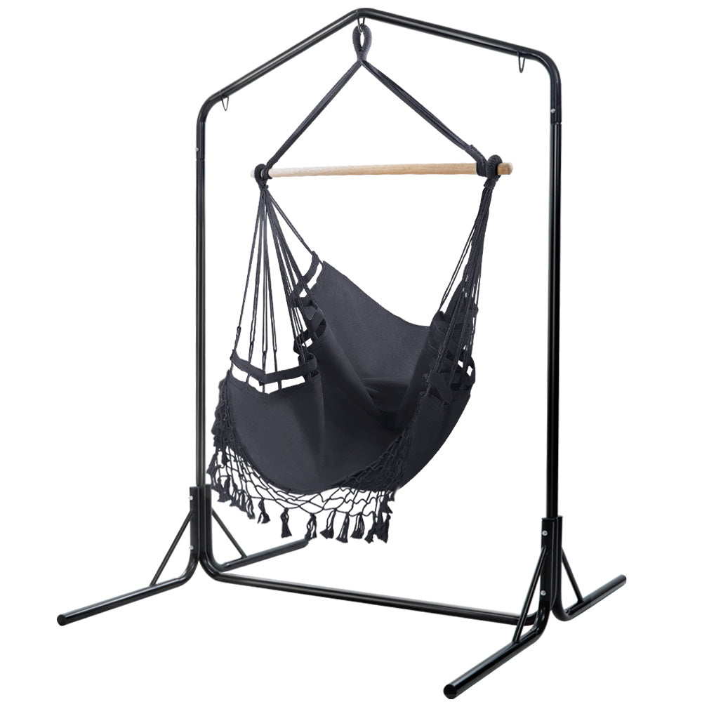 Gardeon Outdoor Hammock Chair with Stand Tassel Hanging Rope Hammocks Grey