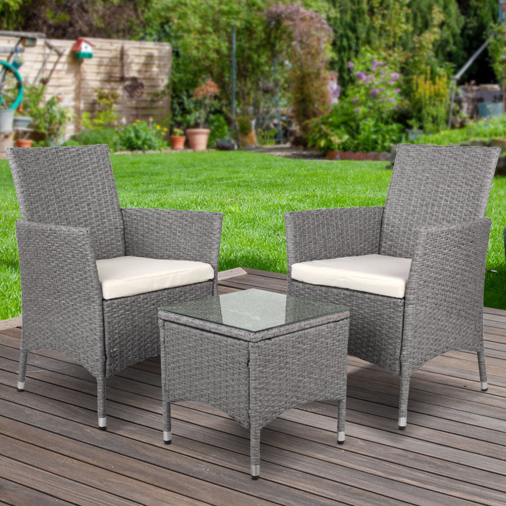 3 Piece Wicker Outdoor Chair Side Table Furniture Set - Grey