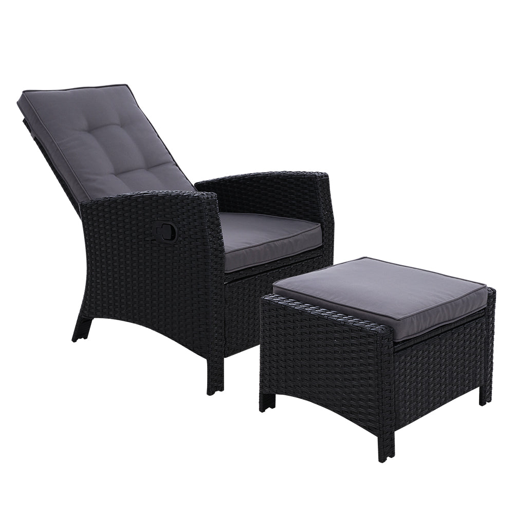 Sun lounge Recliner Chair Wicker Lounger Sofa Day Bed Outdoor Furniture Patio Garden Cushion Ottoman Black Gardeon 