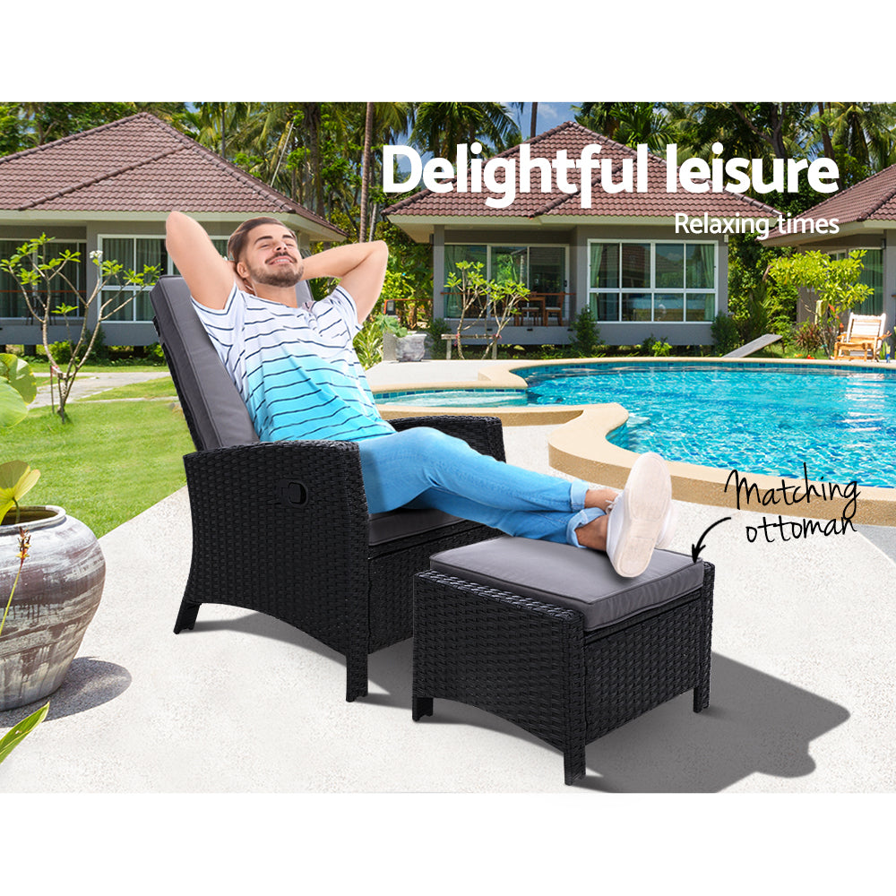 Sun lounge Recliner Chair Wicker Lounger Sofa Day Bed Outdoor Furniture Patio Garden Cushion Ottoman Black Gardeon