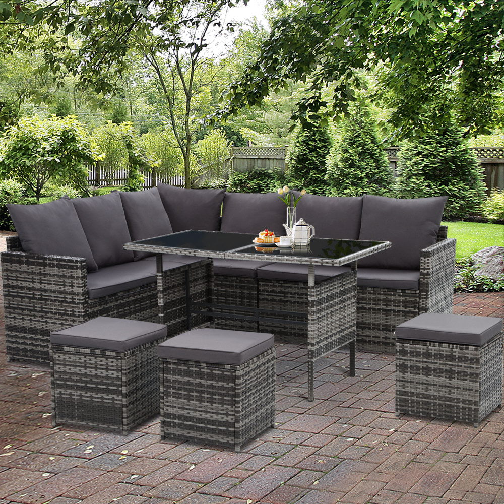 Gardeon Outdoor Furniture Dining Setting Sofa Set Lounge Wicker 9 Seater Mixed Grey